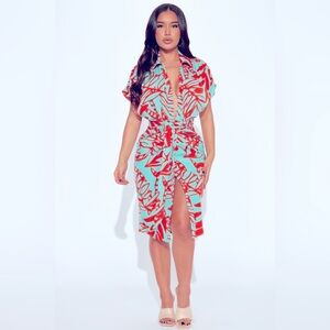 Resort Ready Red and Blue Wrap Midi sunDress